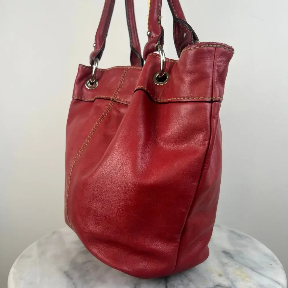 Vintage Tignanello Genuine Red Leather Stitched Silver Accents Shoulder Purse